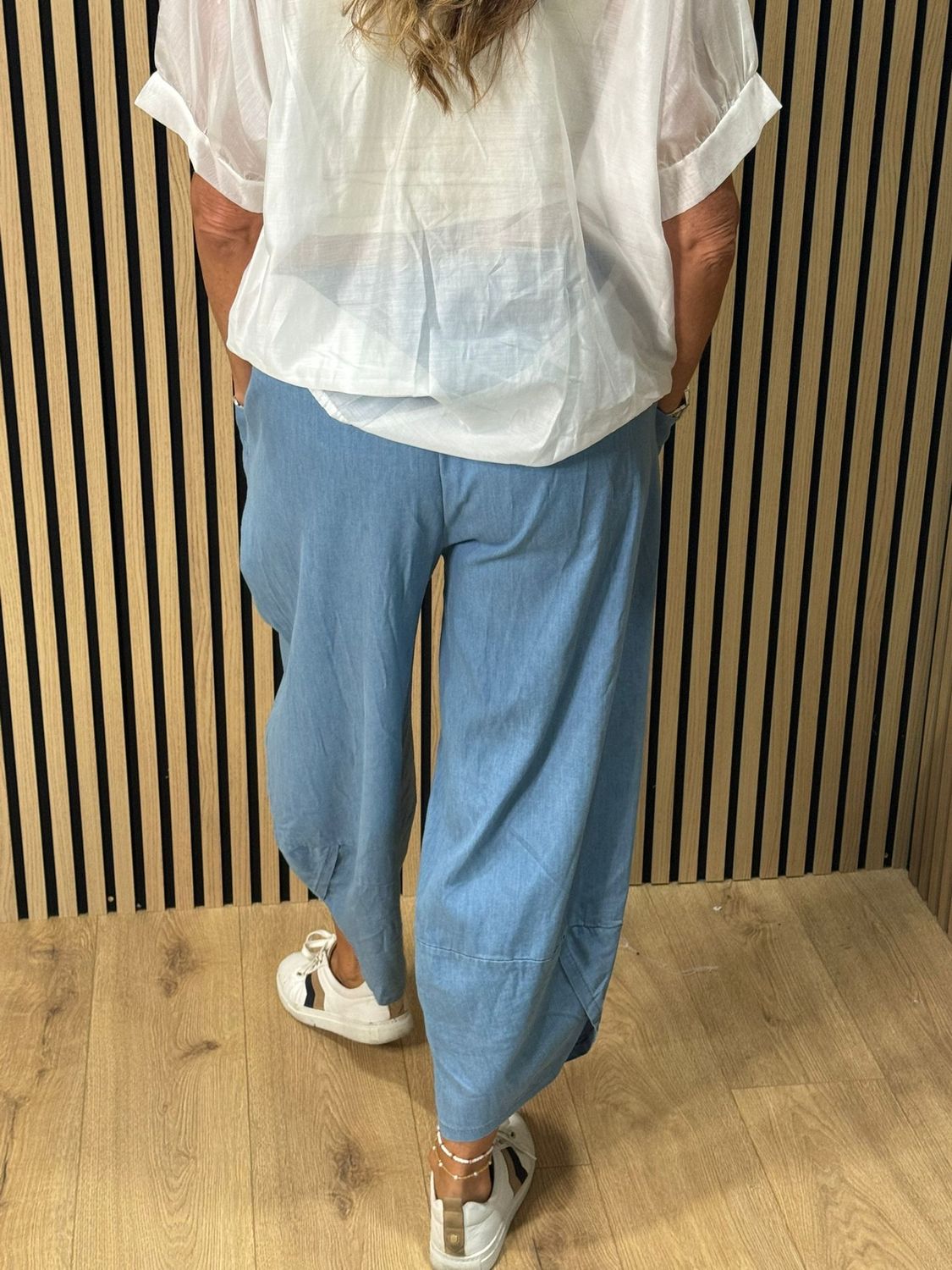Denim-Look Tulip Hem Trousers 