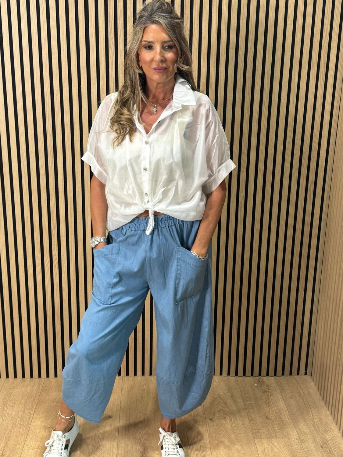 Denim-Look Tulip Hem Trousers 
