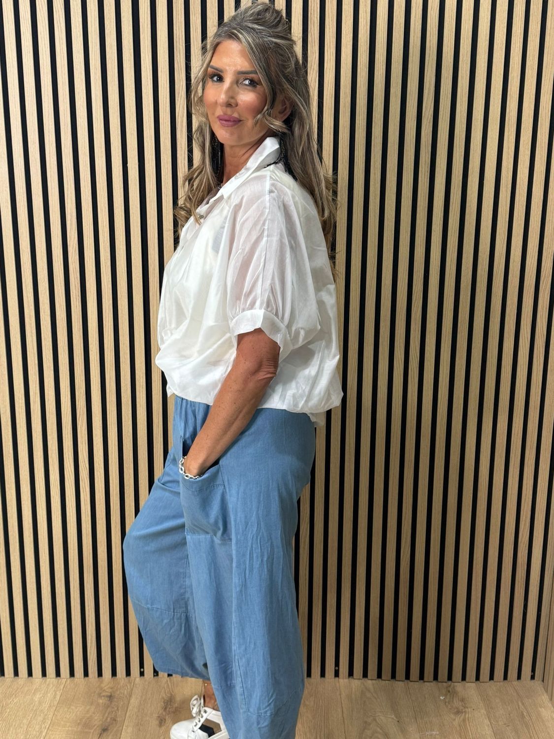 Denim-Look Tulip Hem Trousers 