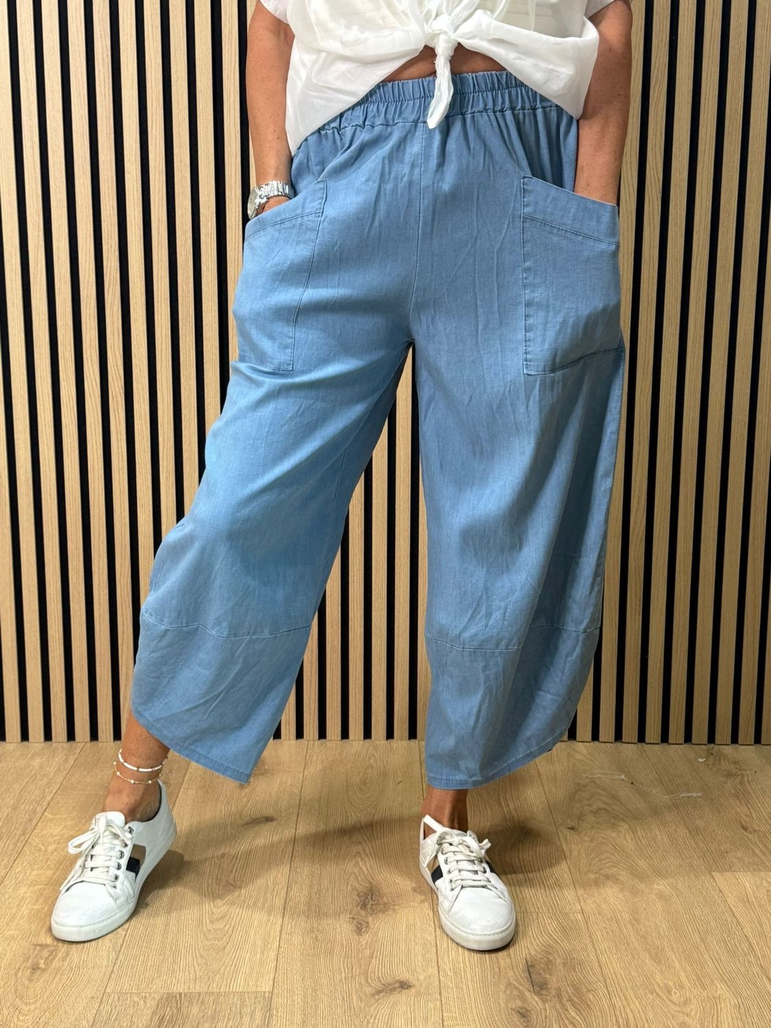 Denim-Look Tulip Hem Trousers 