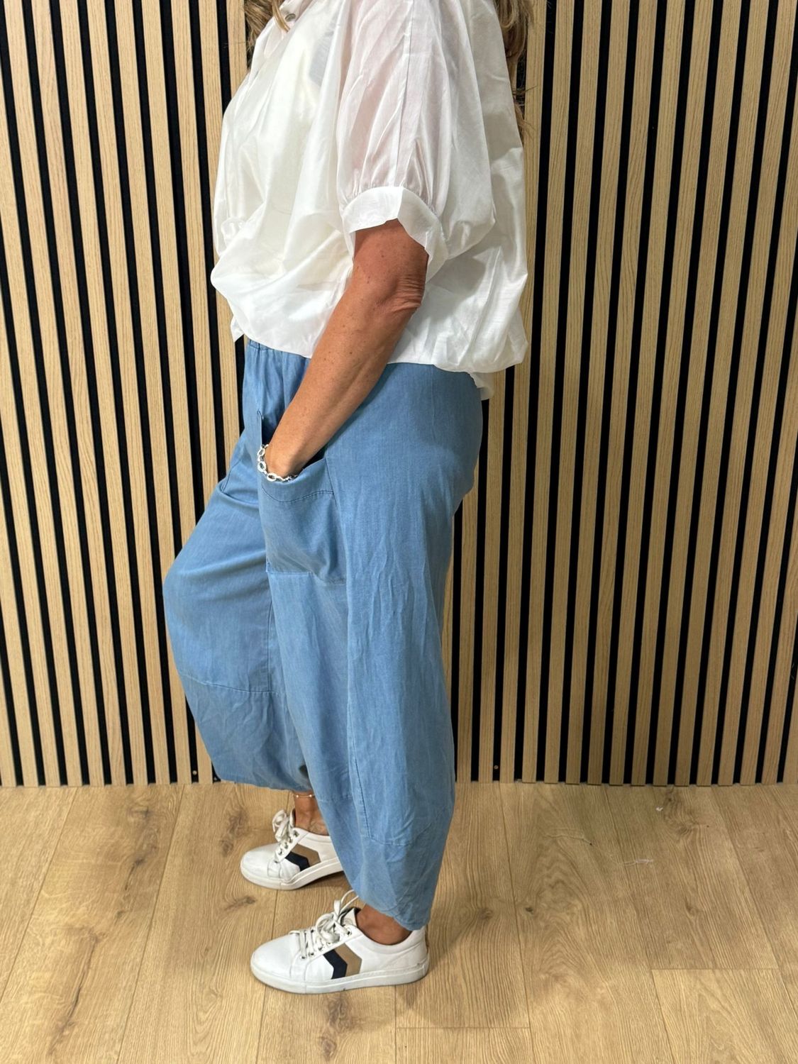 Denim-Look Tulip Hem Trousers 
