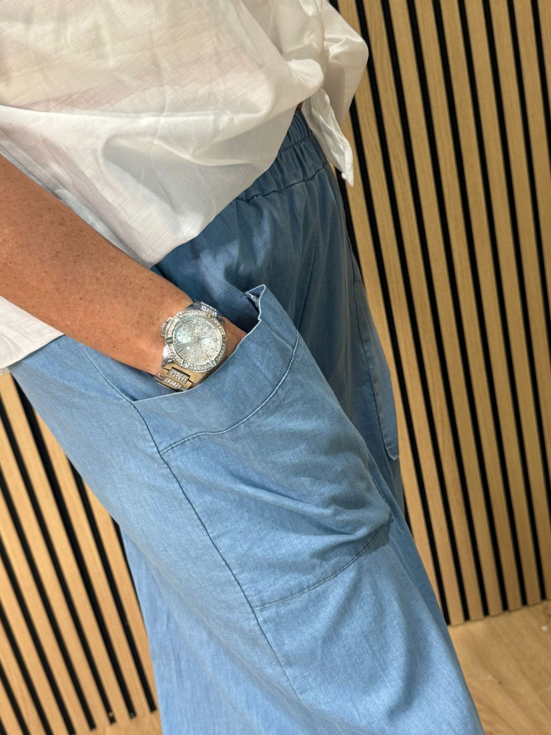 Denim-Look Tulip Hem Trousers 