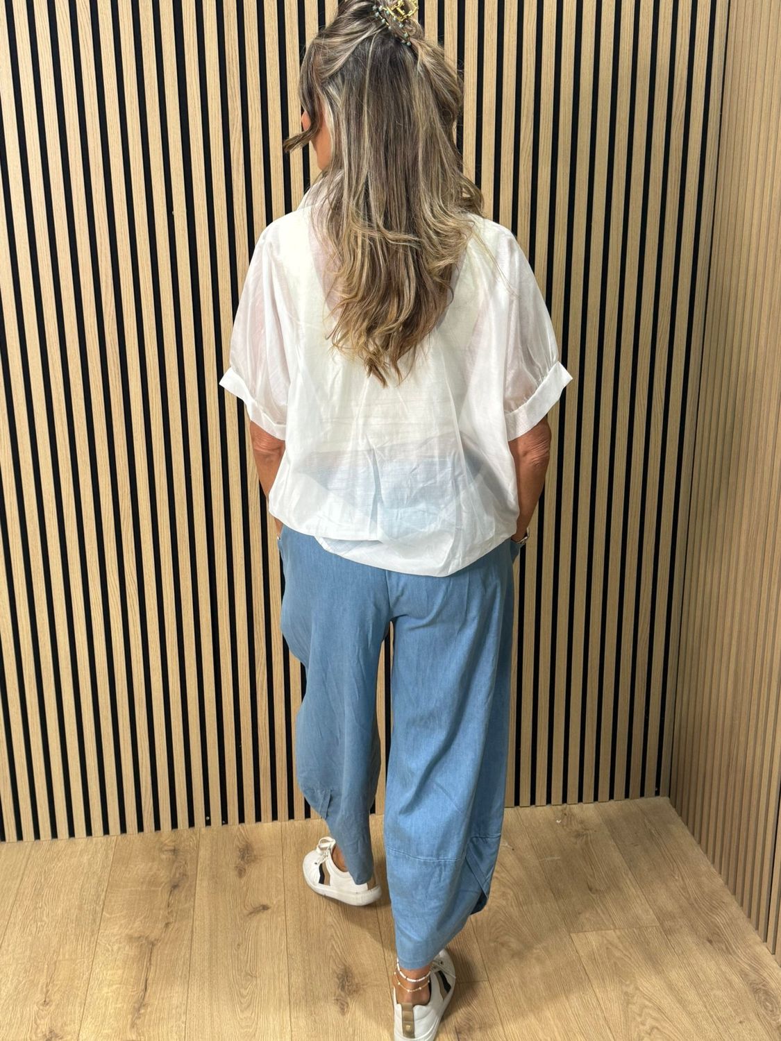 Denim-Look Tulip Hem Trousers 