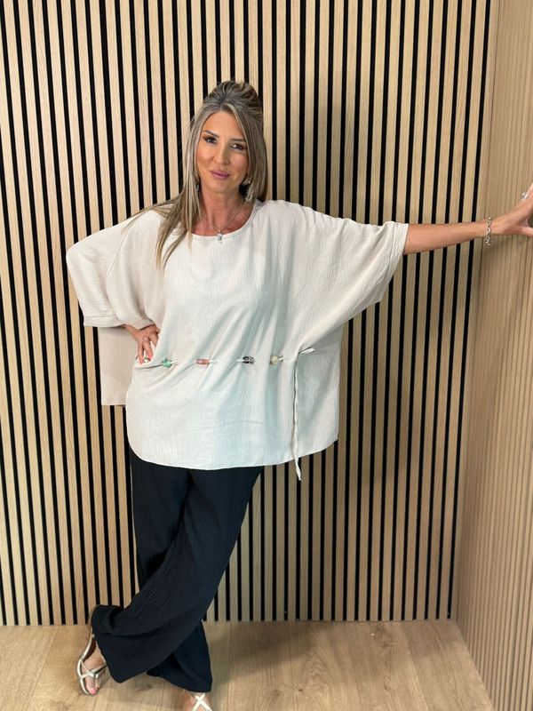 Beaded Detail Tie- Top – Stone