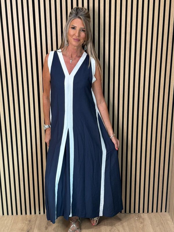 Contrast Border Maxi Dress – Navy + White