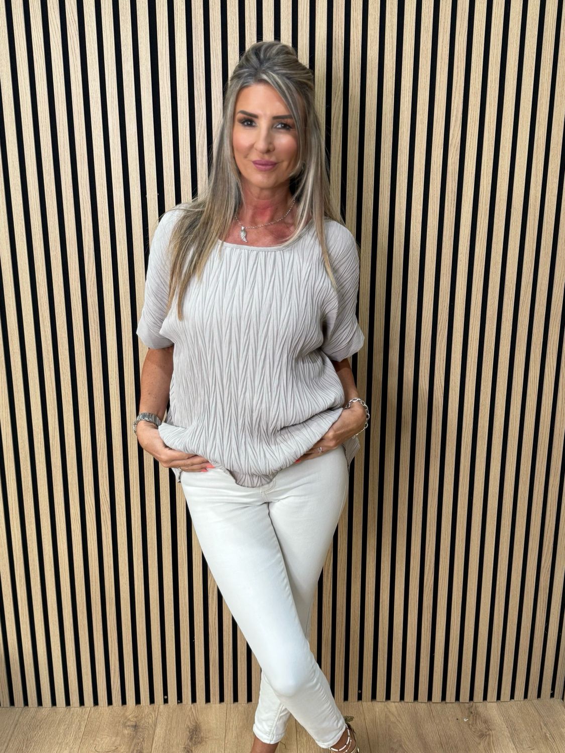 Crinkle Oversized Top - Taupe