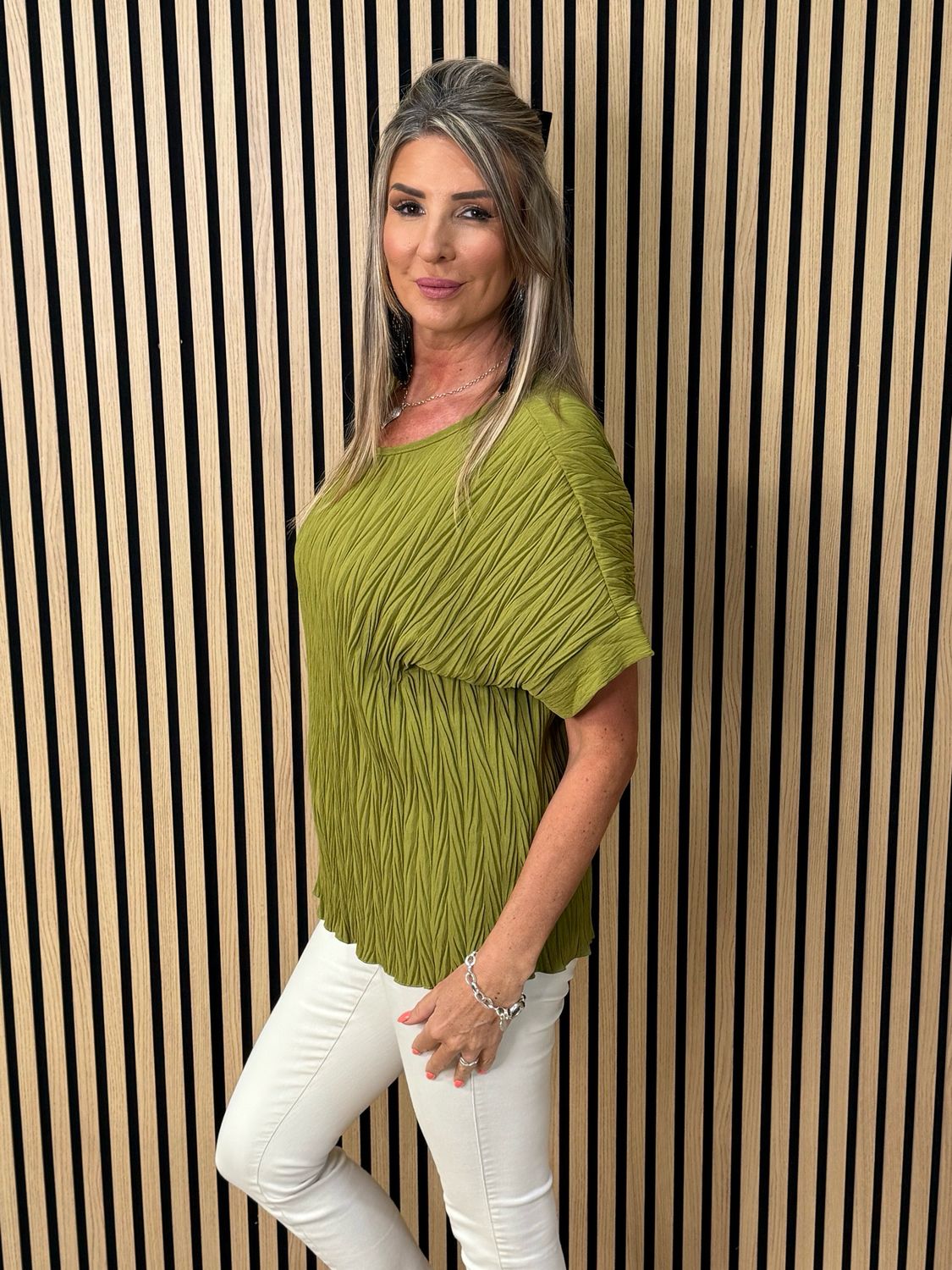 Crinkle Oversized Top - Olive Green