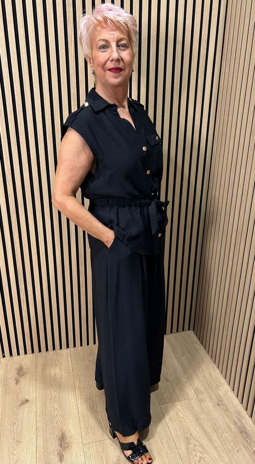 Belted Wide Leg Trouser Suit - Black
