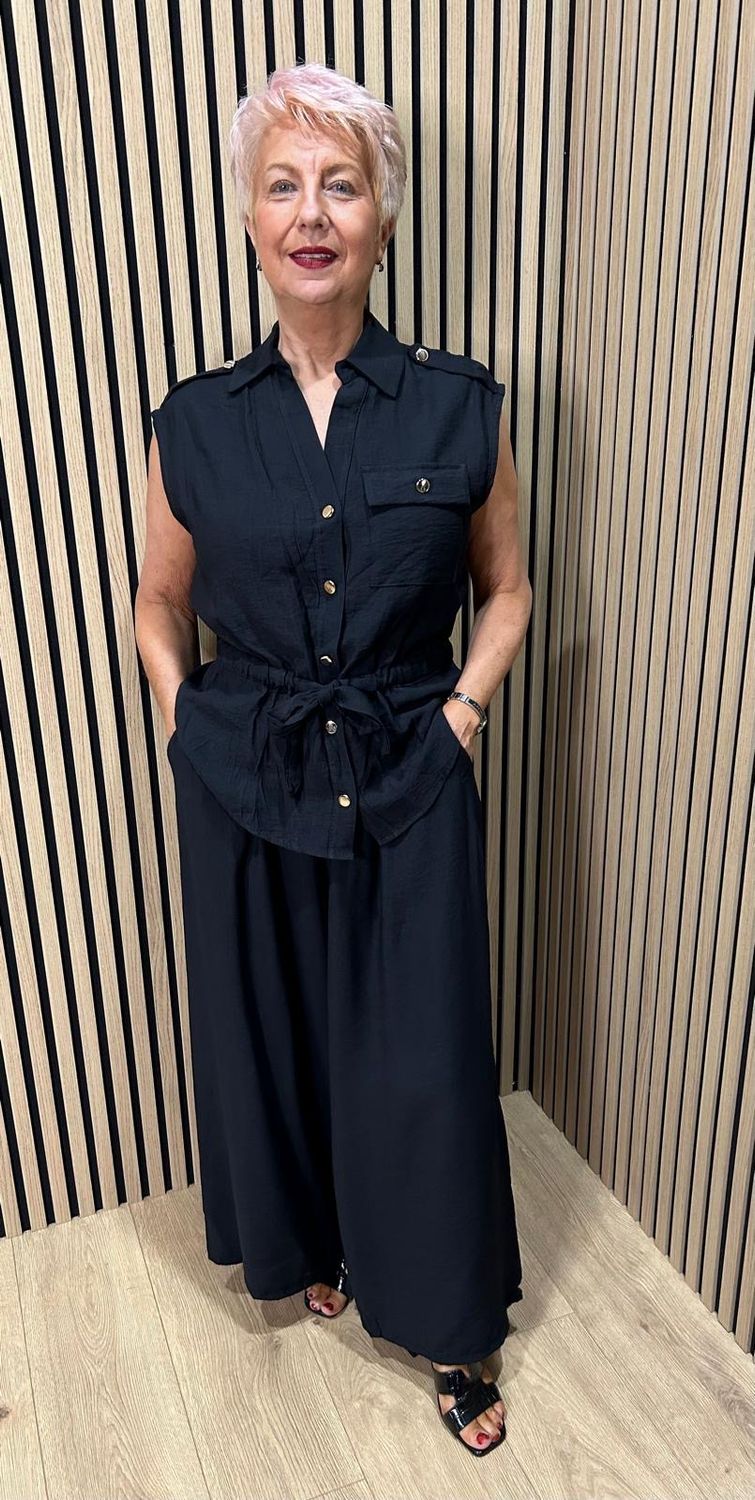 Belted Wide Leg Trouser Suit - Black