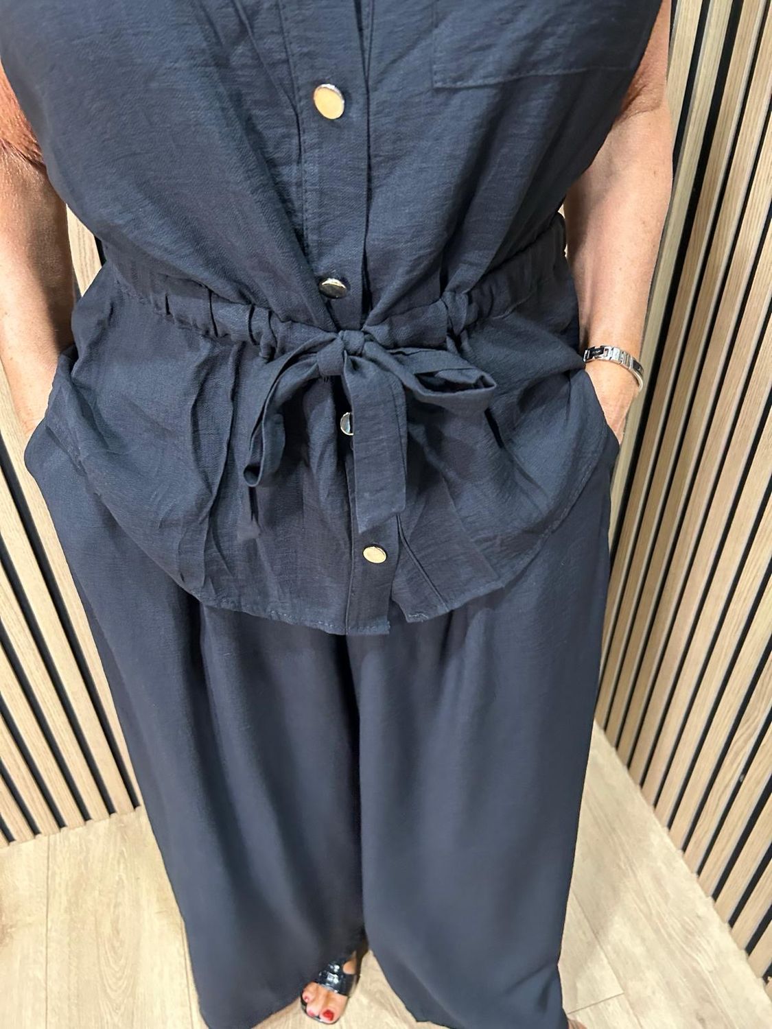 Belted Wide Leg Trouser Suit - Black