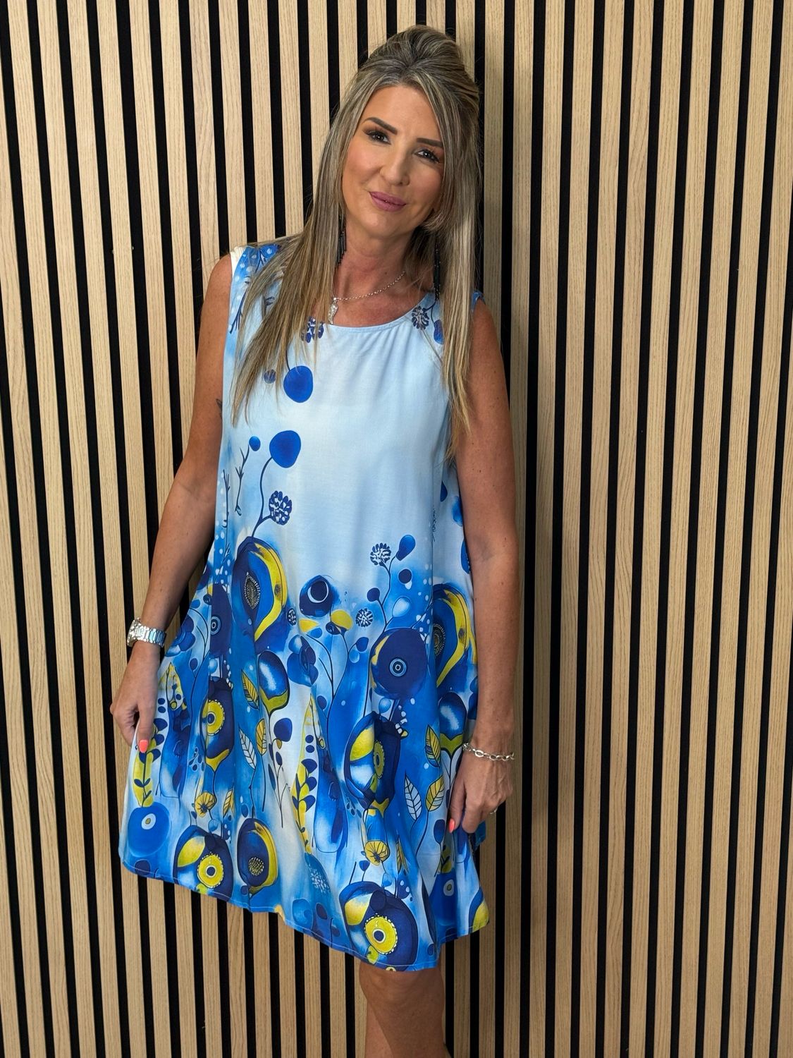 FLY OUT Printed Sleeveless Swing Dress- Blue