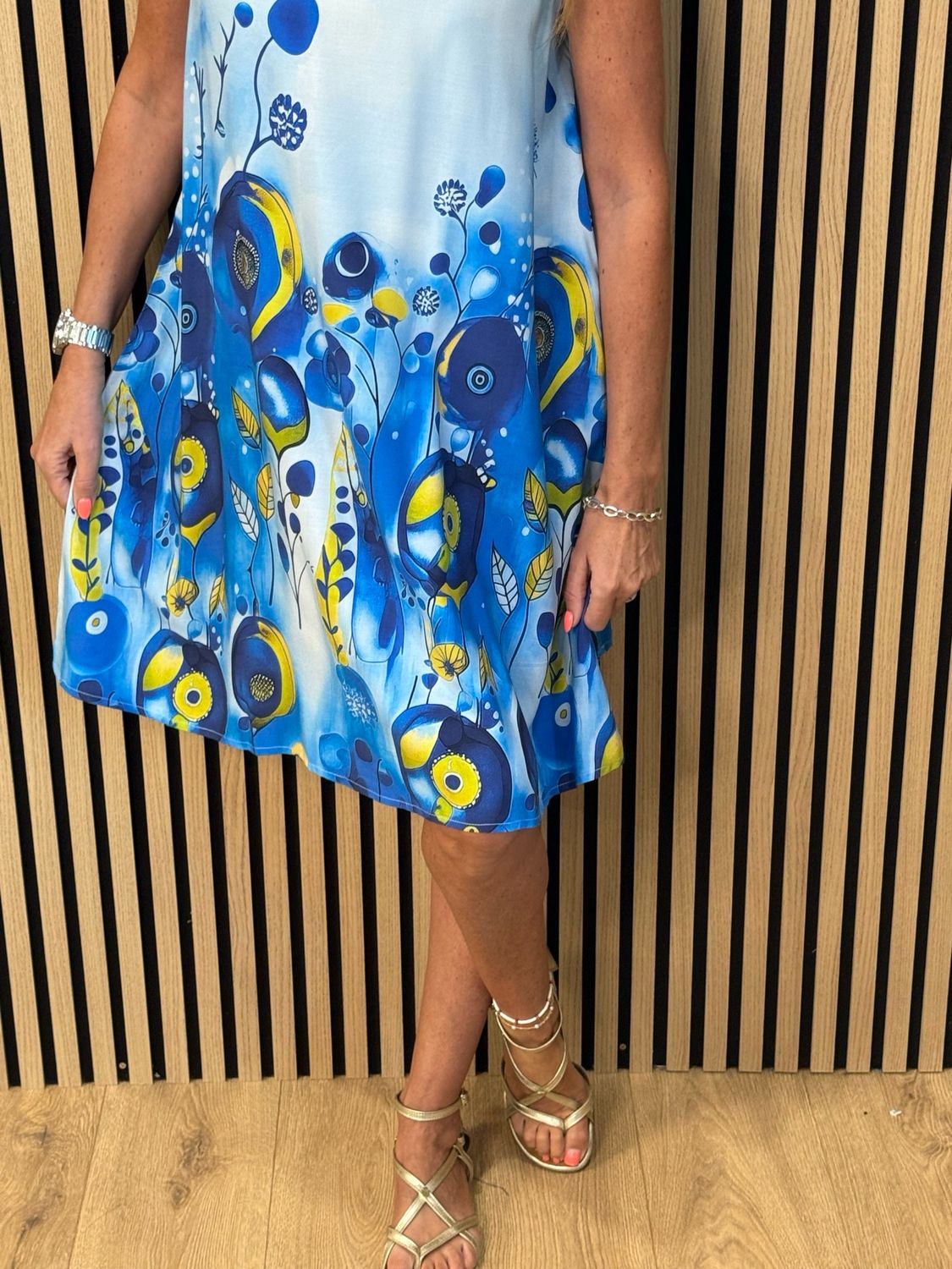 FLY OUT Printed Sleeveless Swing Dress- Blue