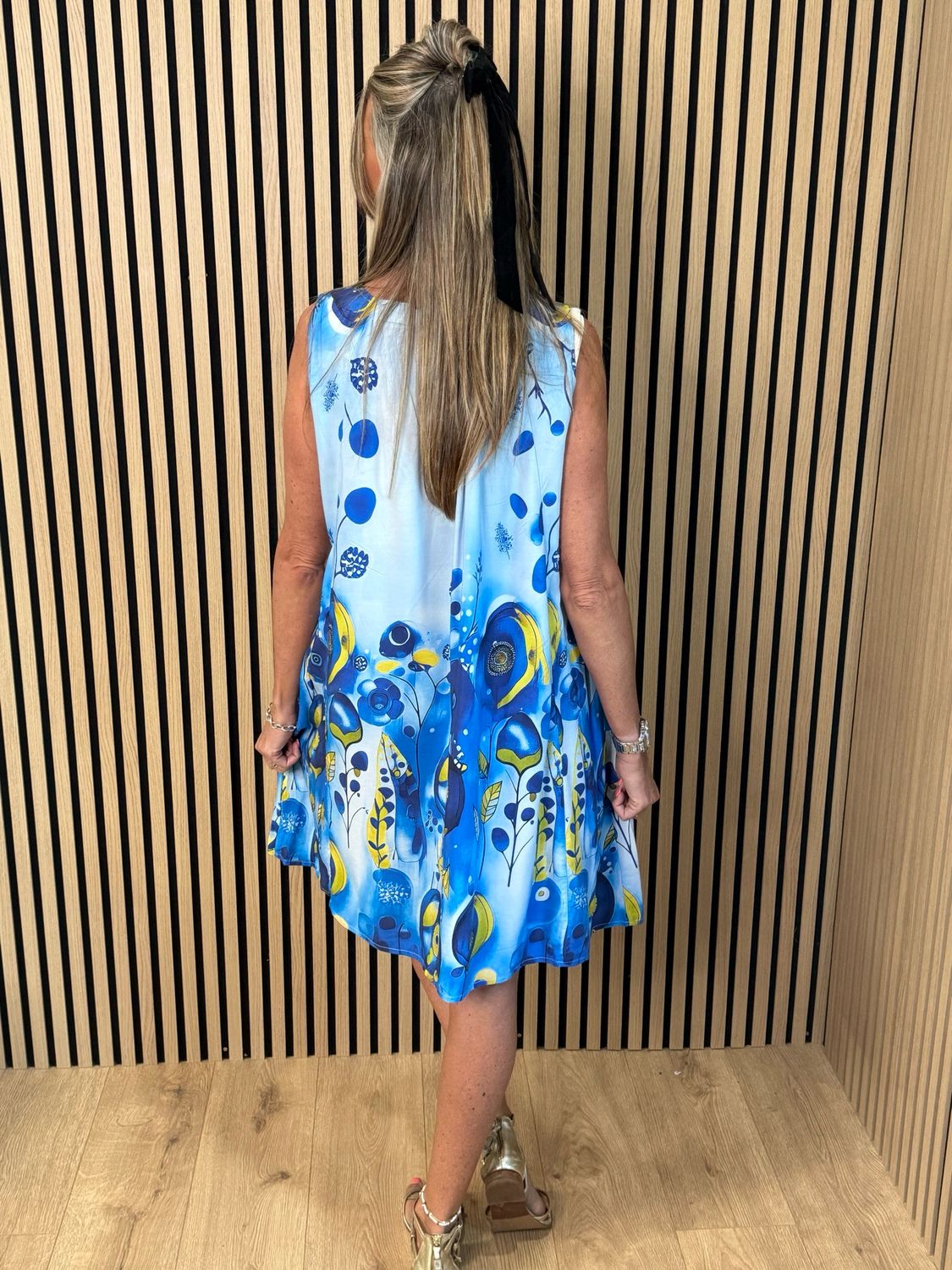 FLY OUT Printed Sleeveless Swing Dress- Blue