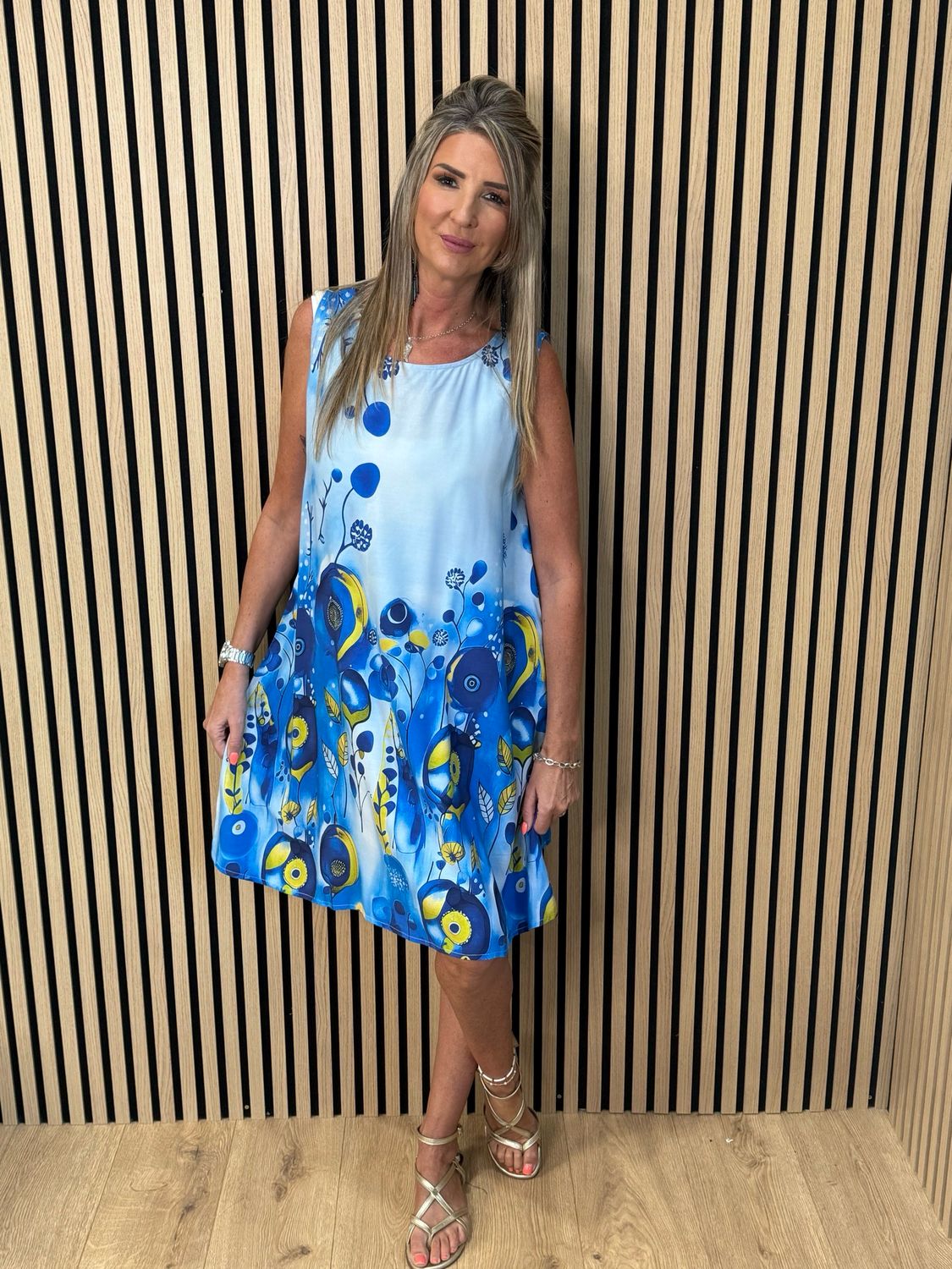 FLY OUT Printed Sleeveless Swing Dress- Blue