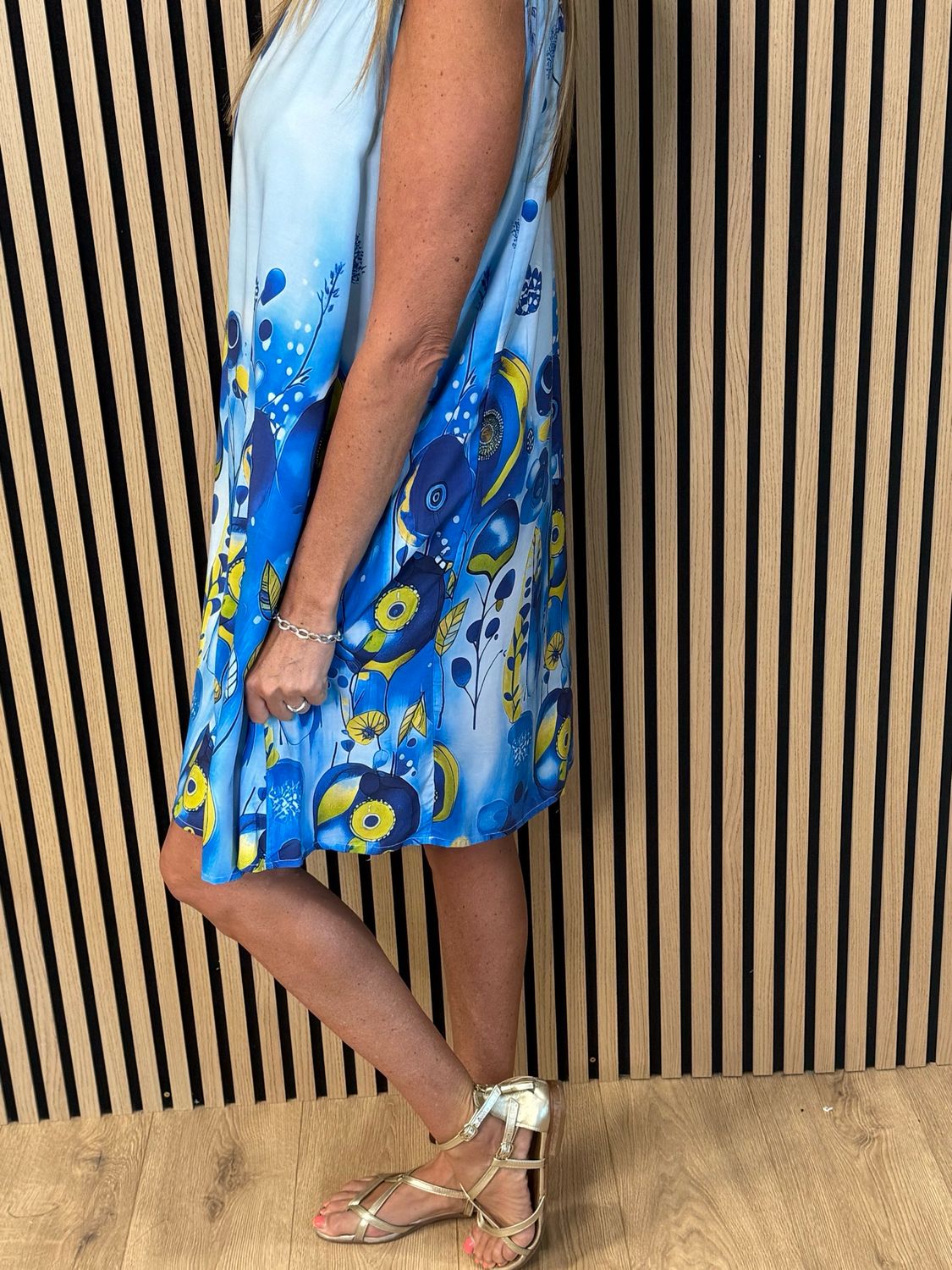 FLY OUT Printed Sleeveless Swing Dress- Blue