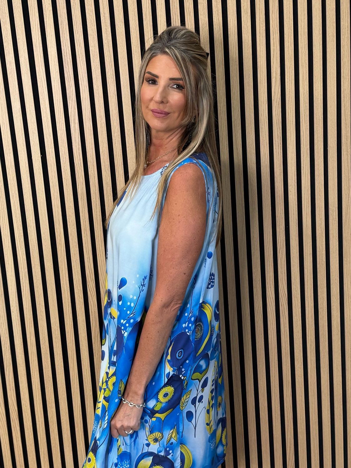 FLY OUT Printed Sleeveless Swing Dress- Blue