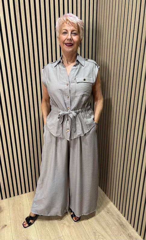 Belted Wide Leg Trouser Suit - Taupe