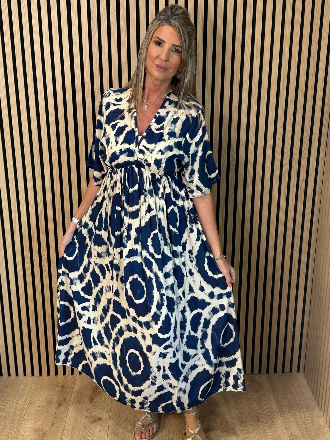 Printed Empire Waist Maxi Dress - Navy/White