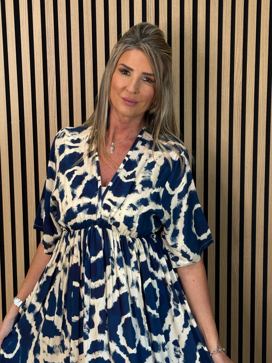 Printed Empire Waist Maxi Dress - Navy/White