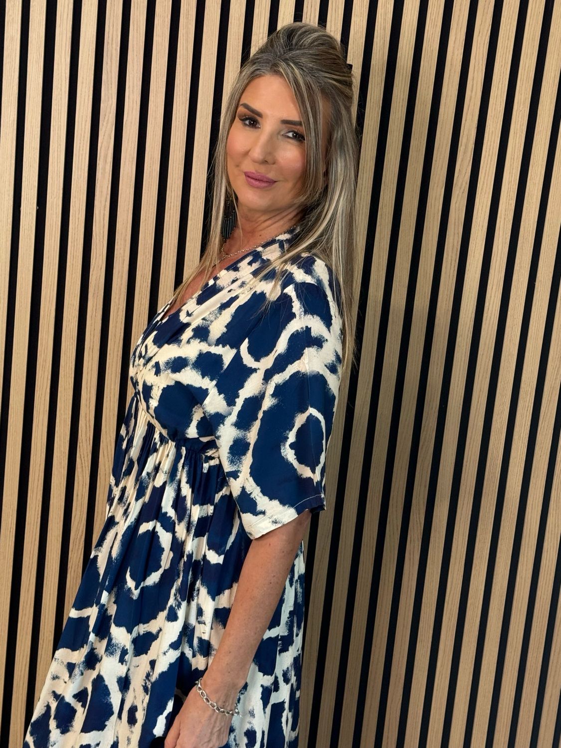 Printed Empire Waist Maxi Dress - Navy/White