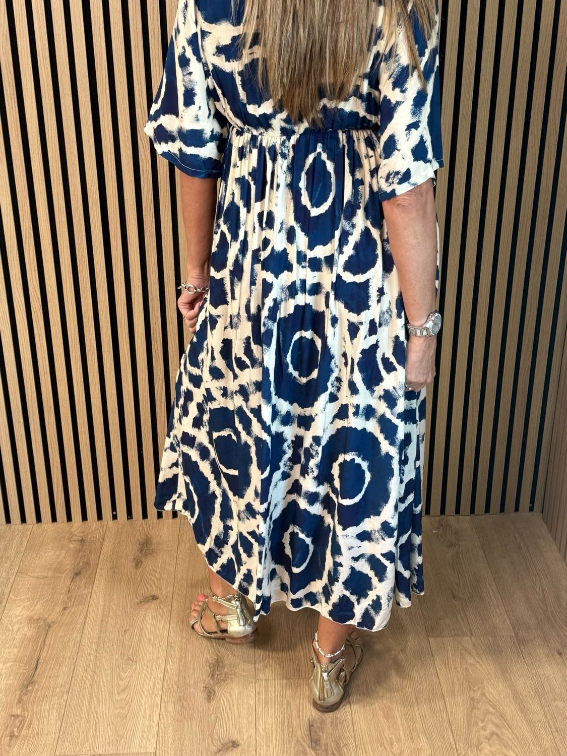Printed Empire Waist Maxi Dress - Navy/White