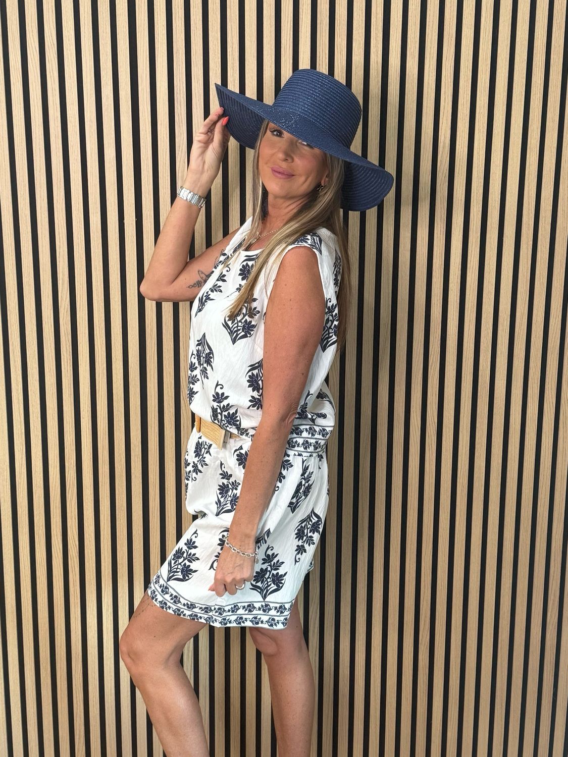 Printed Co-Ord Top &amp; Shorts Set - White/Navy