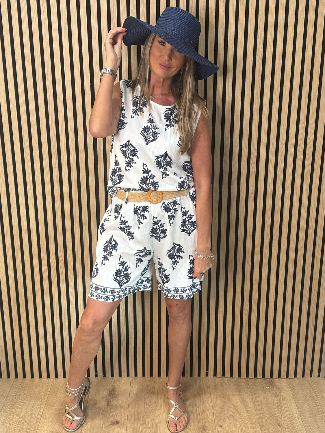 Printed Co-Ord Top &amp; Shorts Set - White/Navy