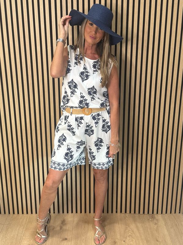 Printed Co-Ord Top &amp; Shorts Set - White/Navy