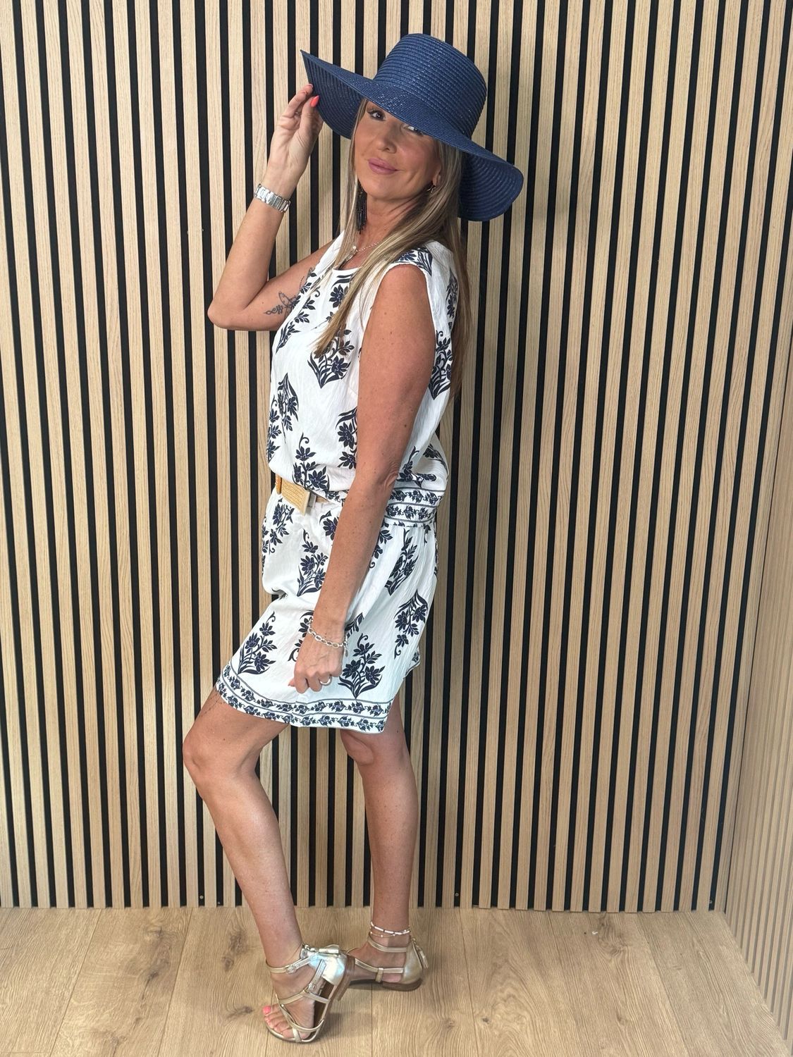Printed Co-Ord Top &amp; Shorts Set - White/Navy