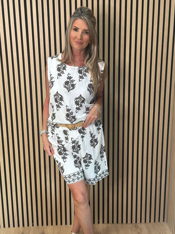 Printed Co-Ord Top &amp; Shorts Set - White/Brown