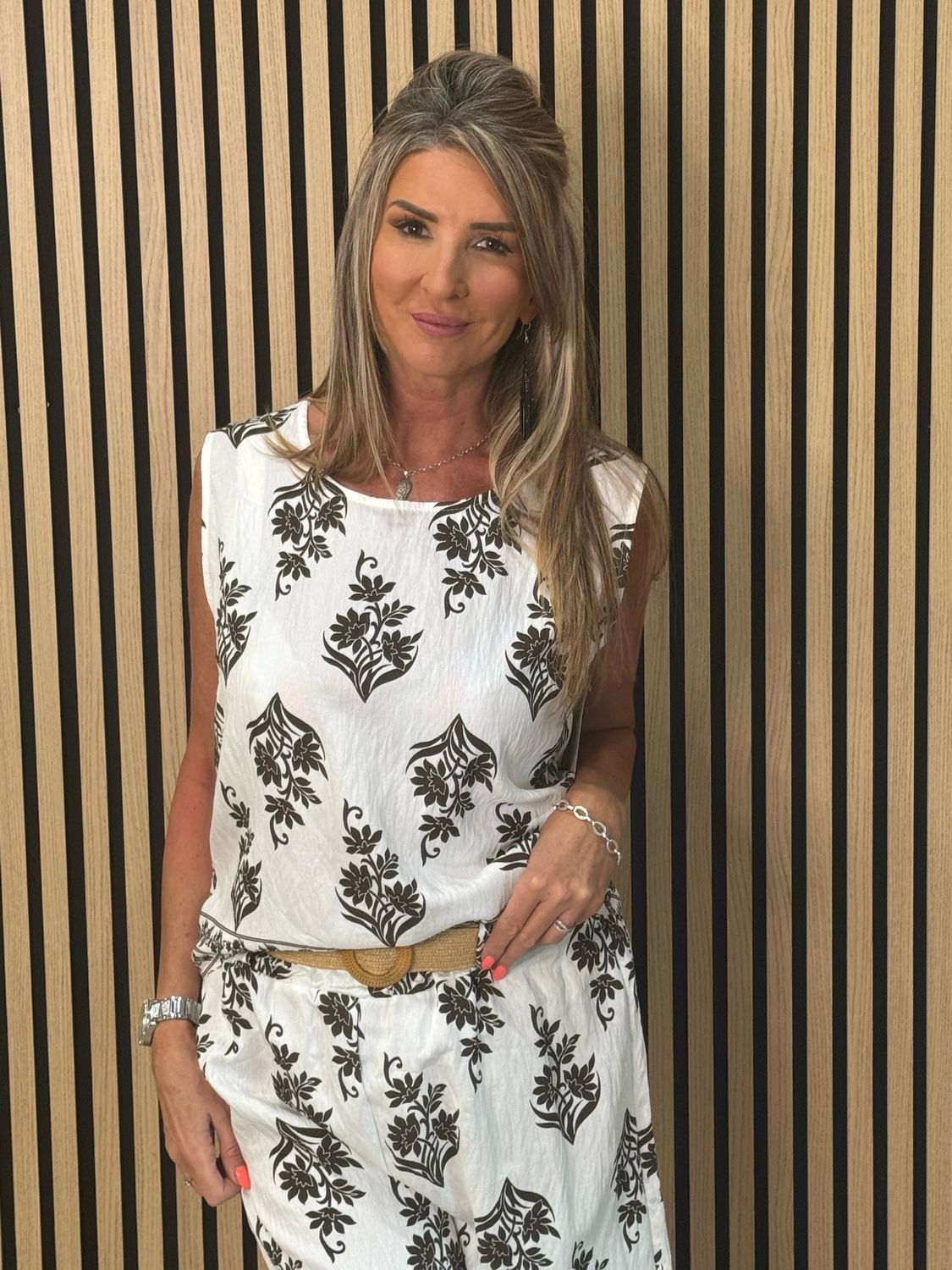 Printed Co-Ord Top &amp; Shorts Set - White/Brown
