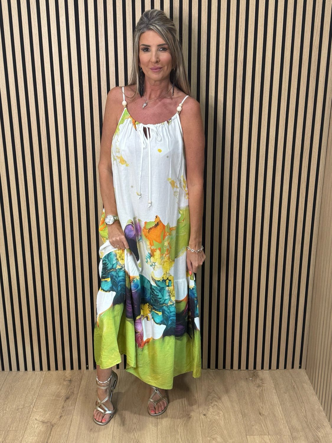 Cotton/Linen Abstract Print Maxi Dress - White/Lime/Orange