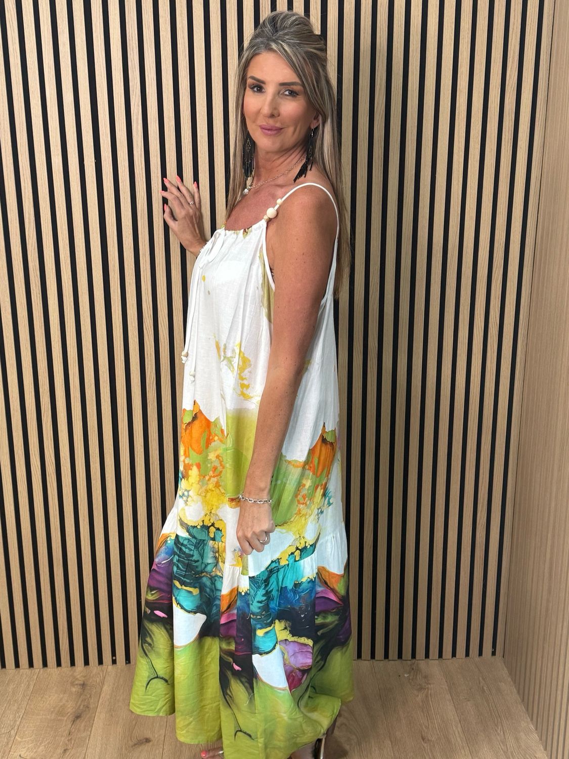 Cotton/Linen Abstract Print Maxi Dress - White/Lime/Orange