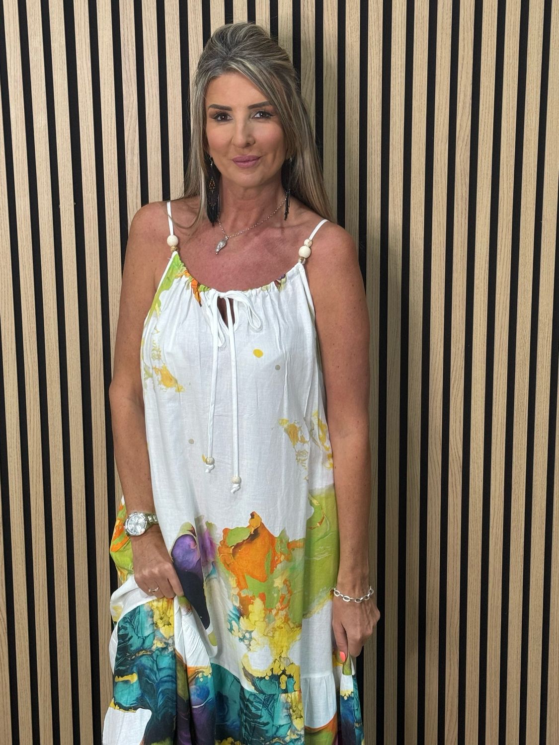 Cotton/Linen Abstract Print Maxi Dress - White/Lime/Orange