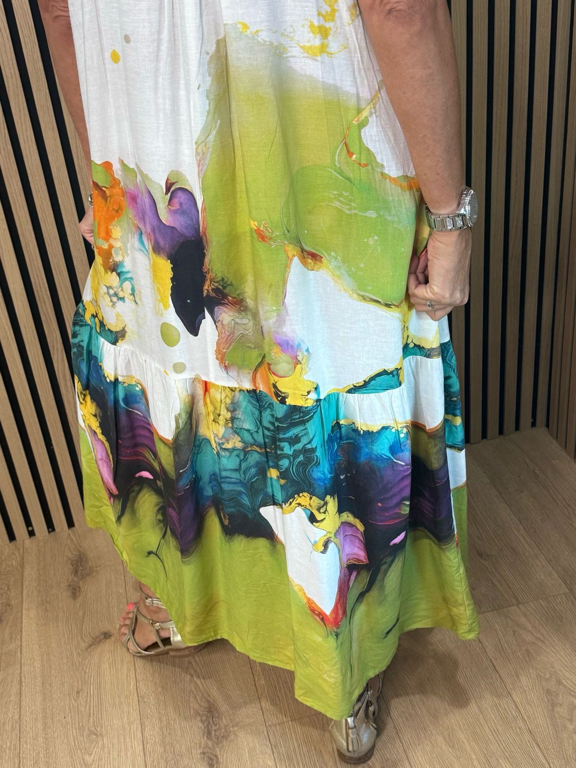 Cotton/Linen Abstract Print Maxi Dress - White/Lime/Orange