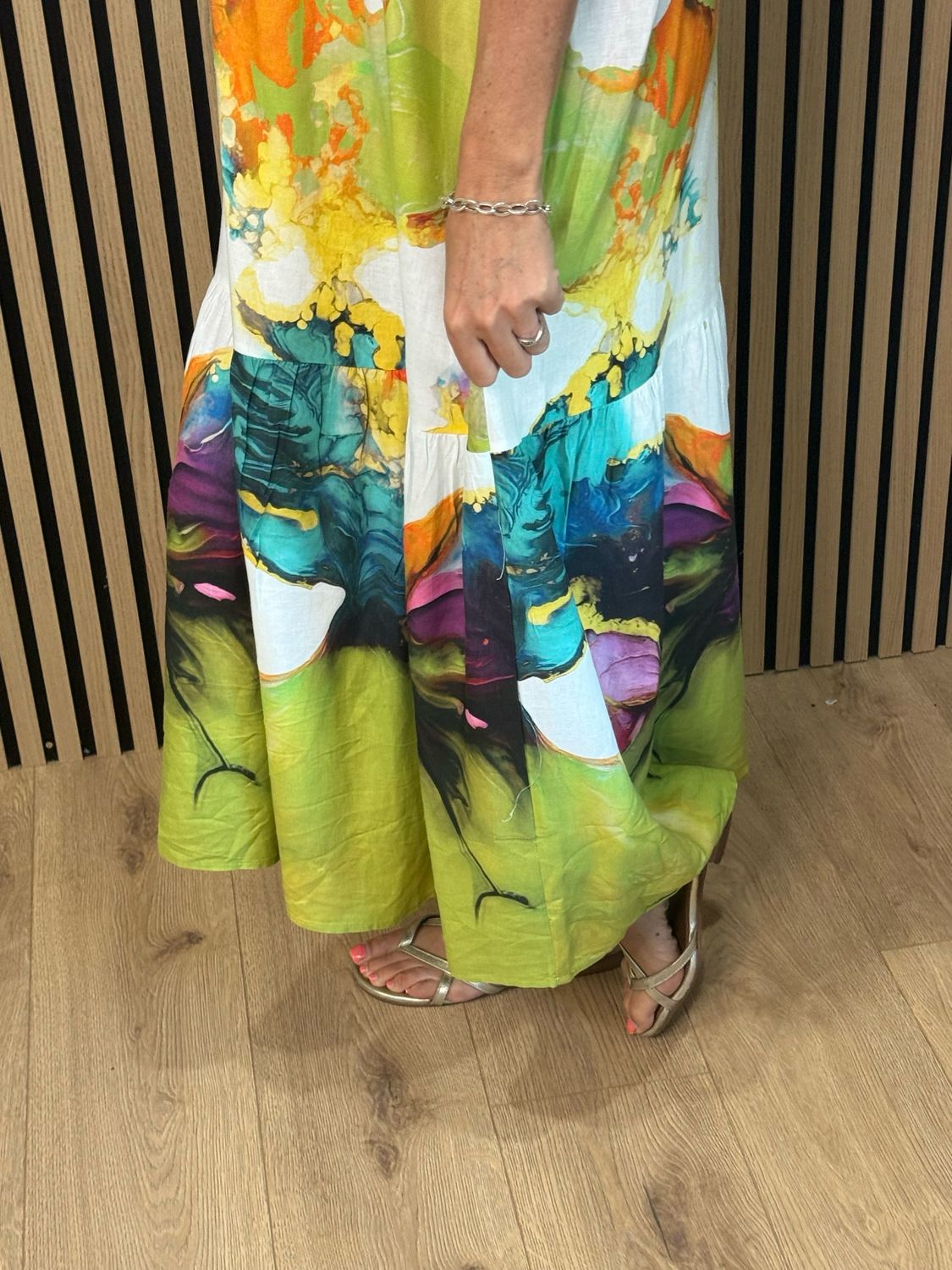 Cotton/Linen Abstract Print Maxi Dress - White/Lime/Orange