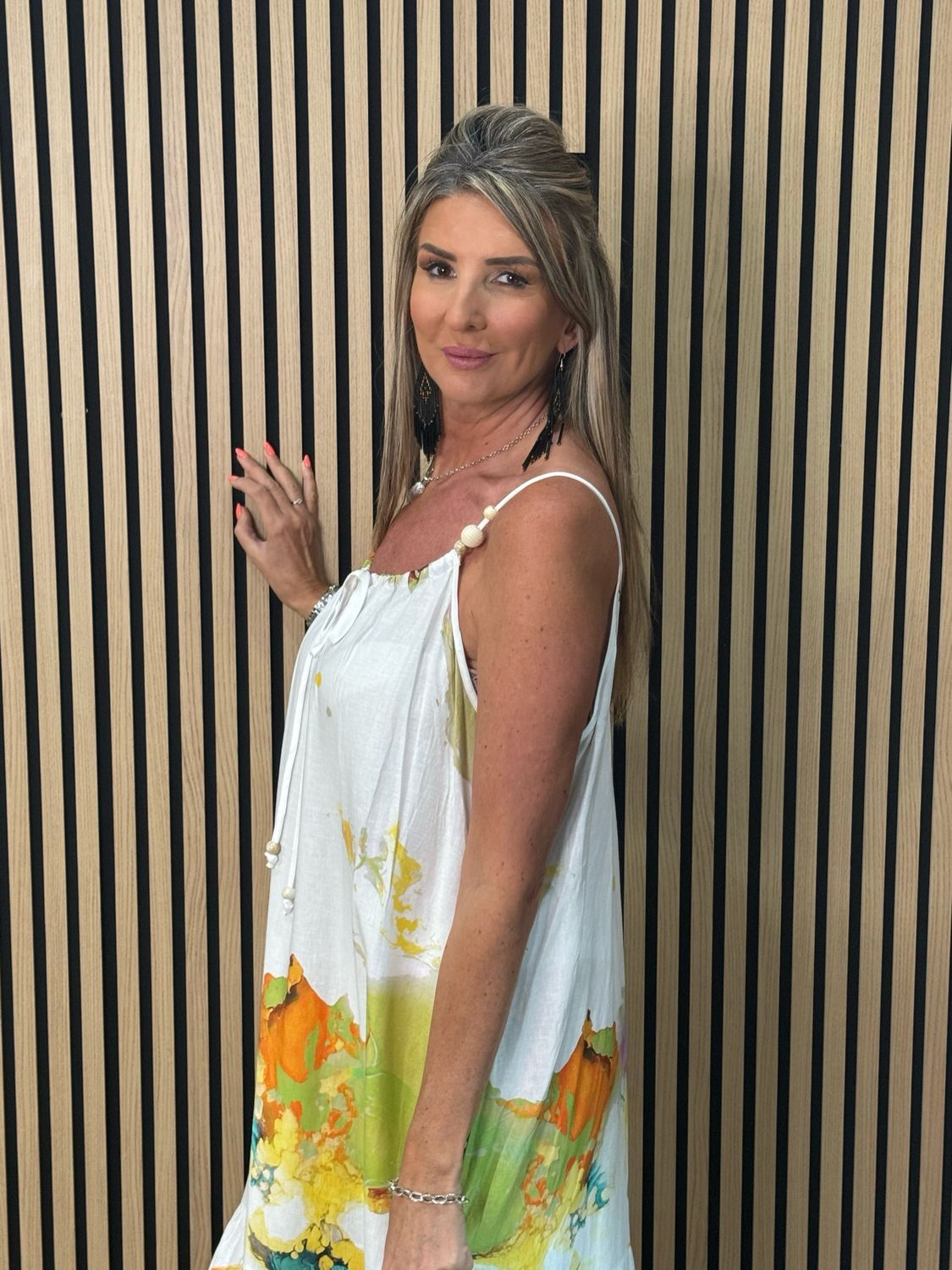 Cotton/Linen Abstract Print Maxi Dress - White/Lime/Orange