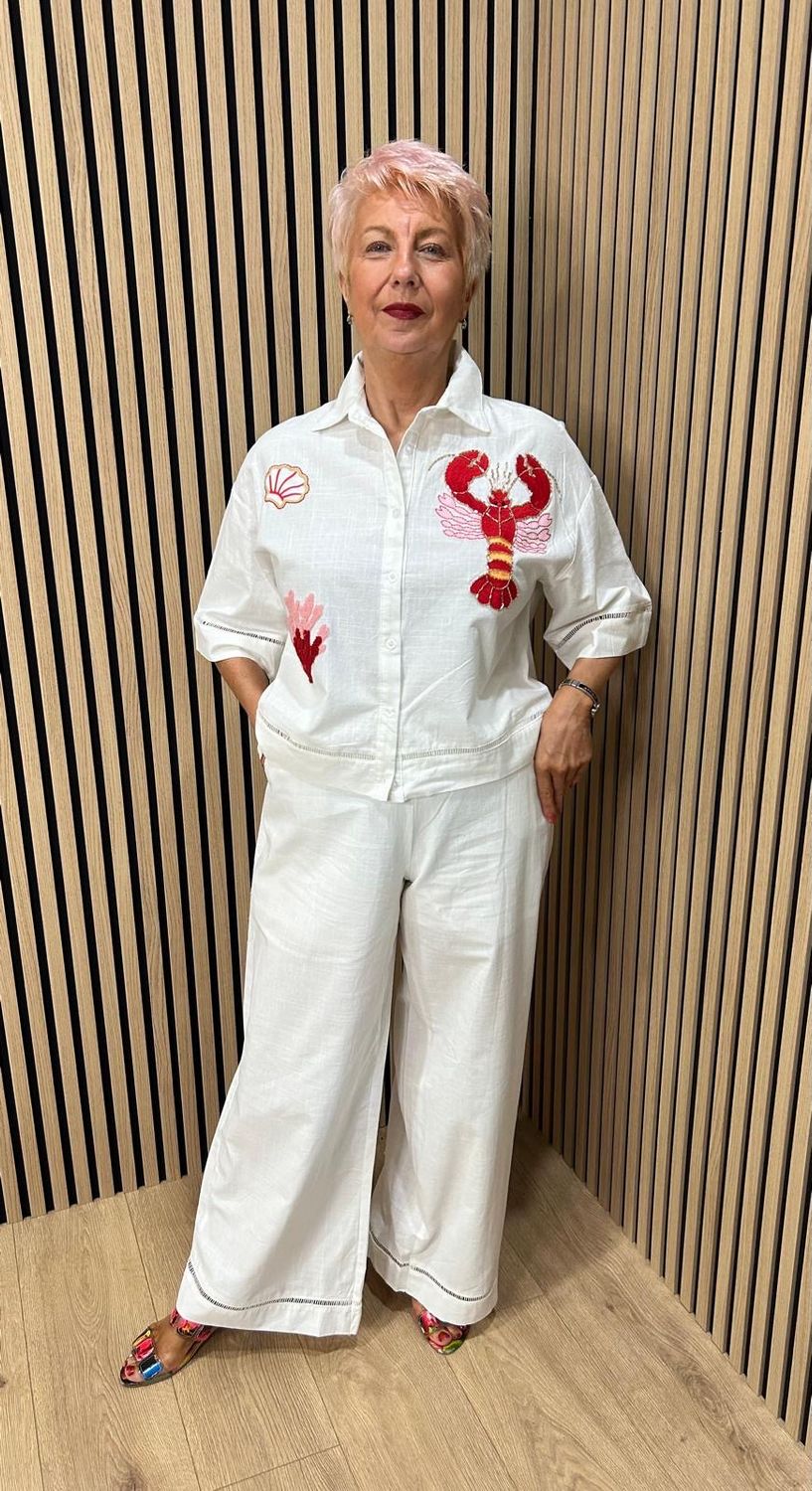 Lobster Embroidered Cotton Trouser Suit - White