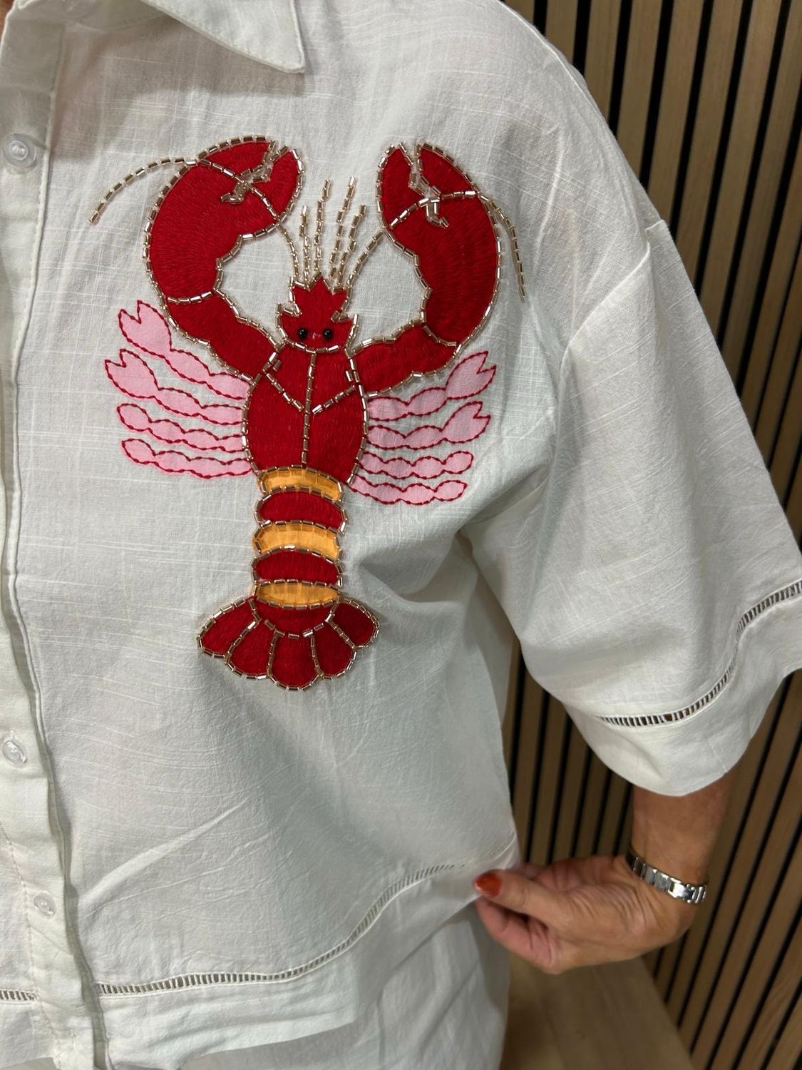 Lobster Embroidered Cotton Trouser Suit - White