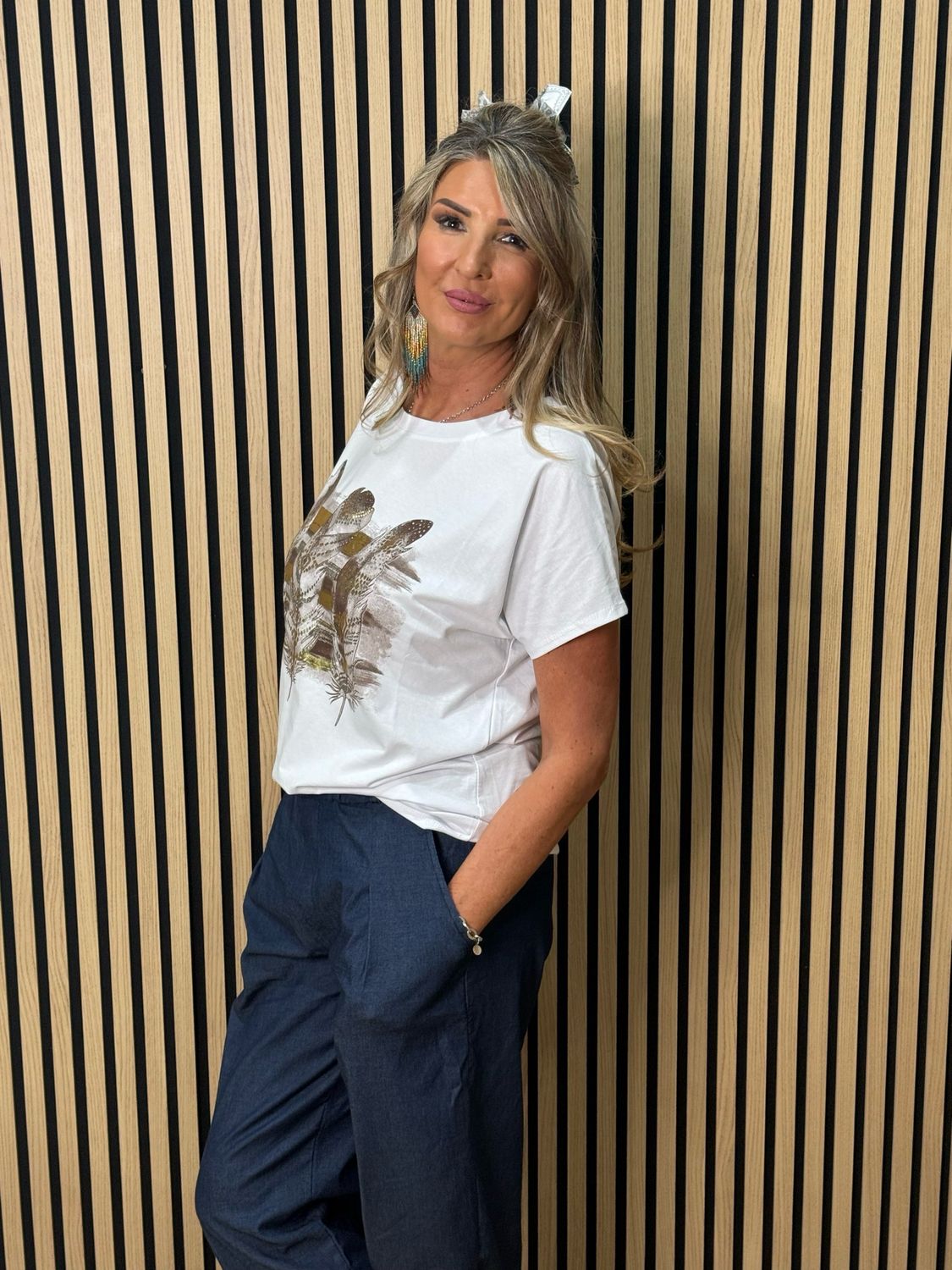 Metallic Feather Print T-Shirt - White/Gold