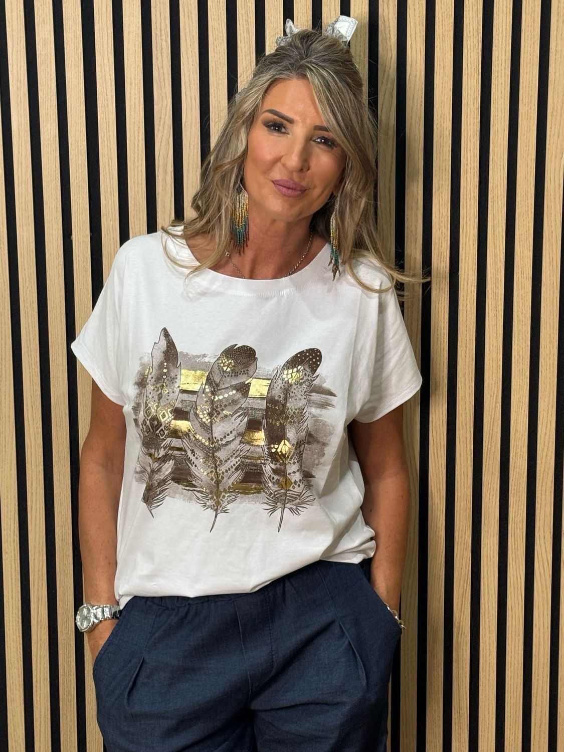 Metallic Feather Print T-Shirt - White/Gold