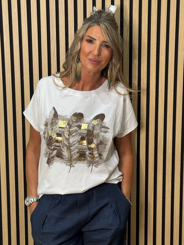 Metallic Feather Print T-Shirt - White/Gold