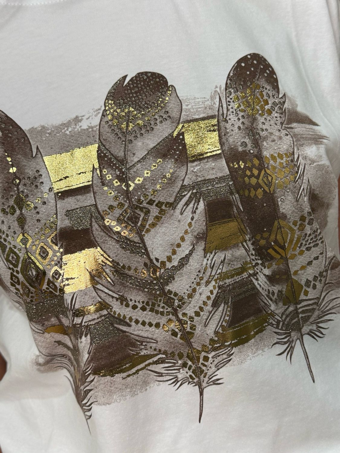 Metallic Feather Print T-Shirt - White/Gold