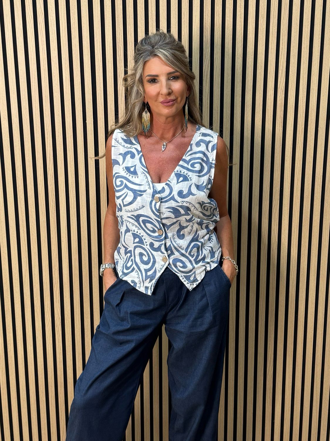 Tribal Print Button Front Top - White/Blue