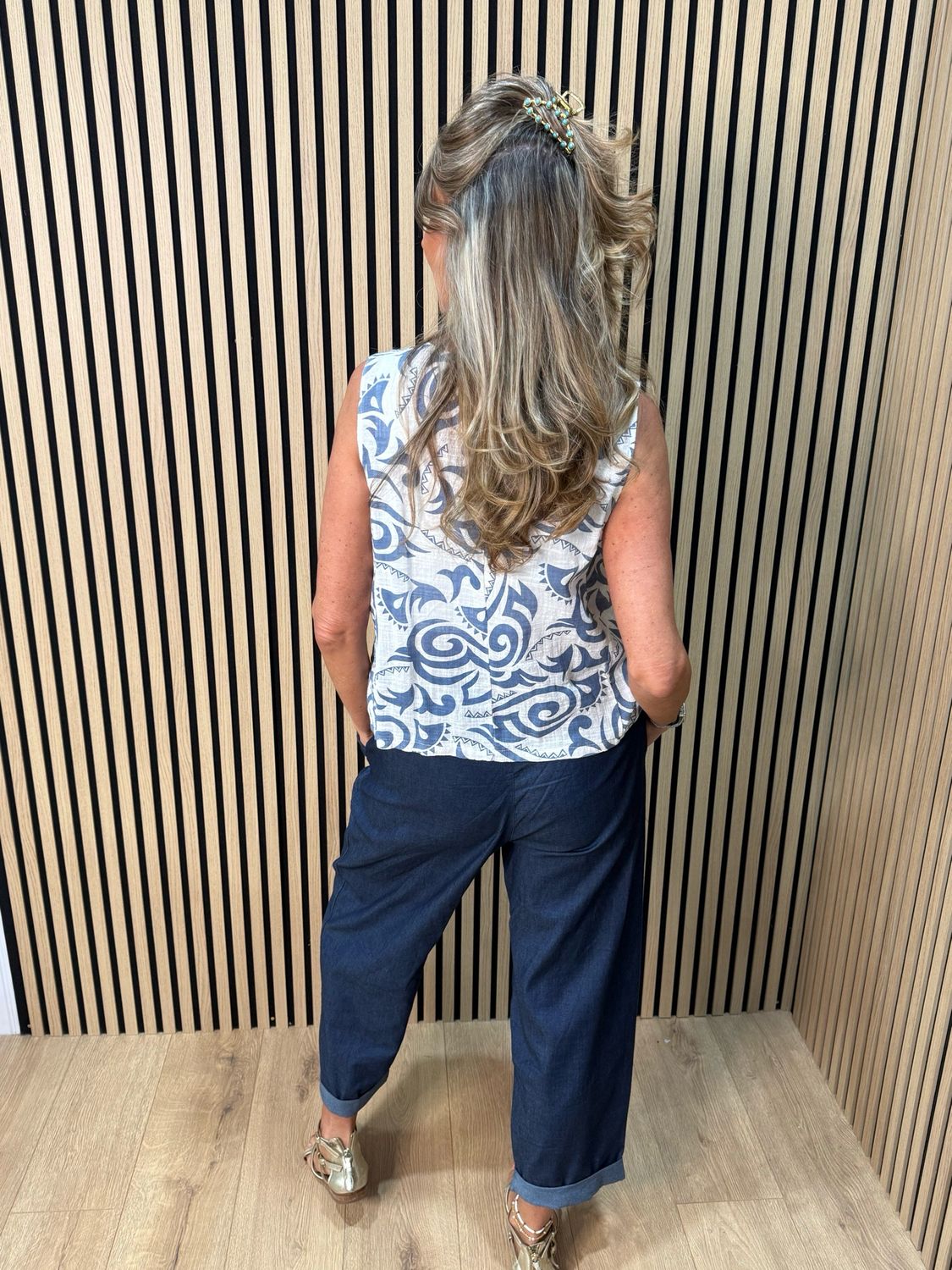 Tribal Print Button Front Top - White/Blue