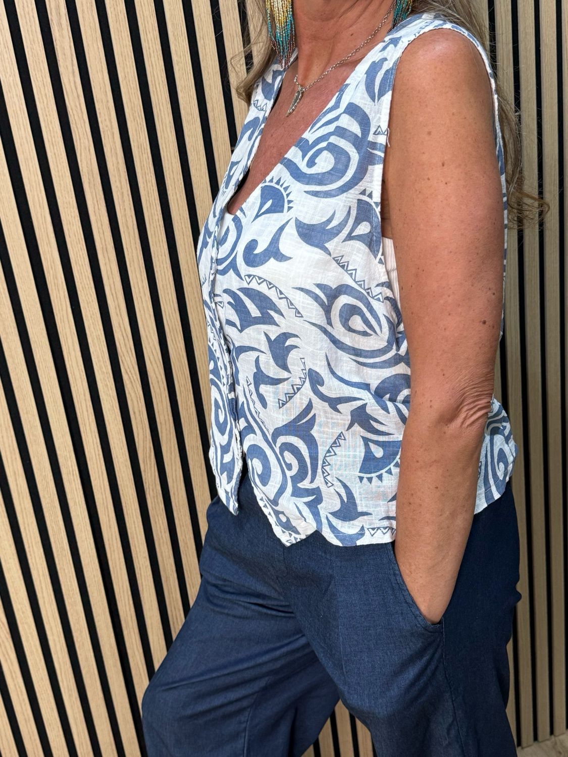 Tribal Print Button Front Top - White/Blue