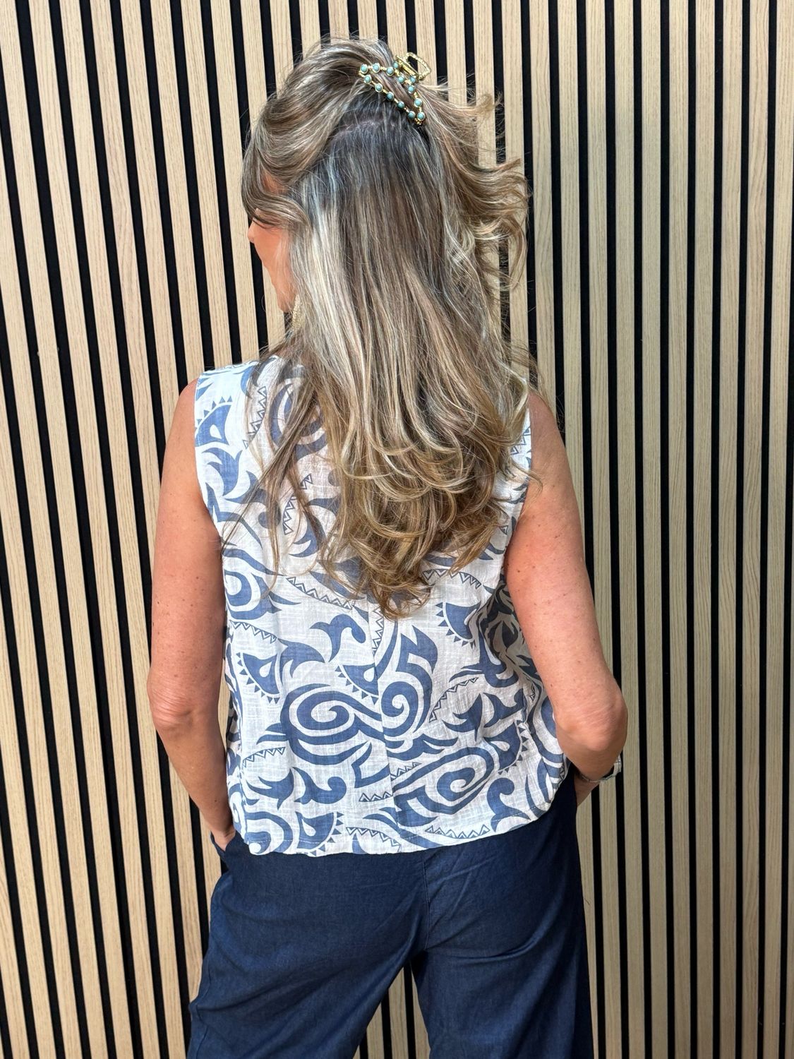 Tribal Print Button Front Top - White/Blue
