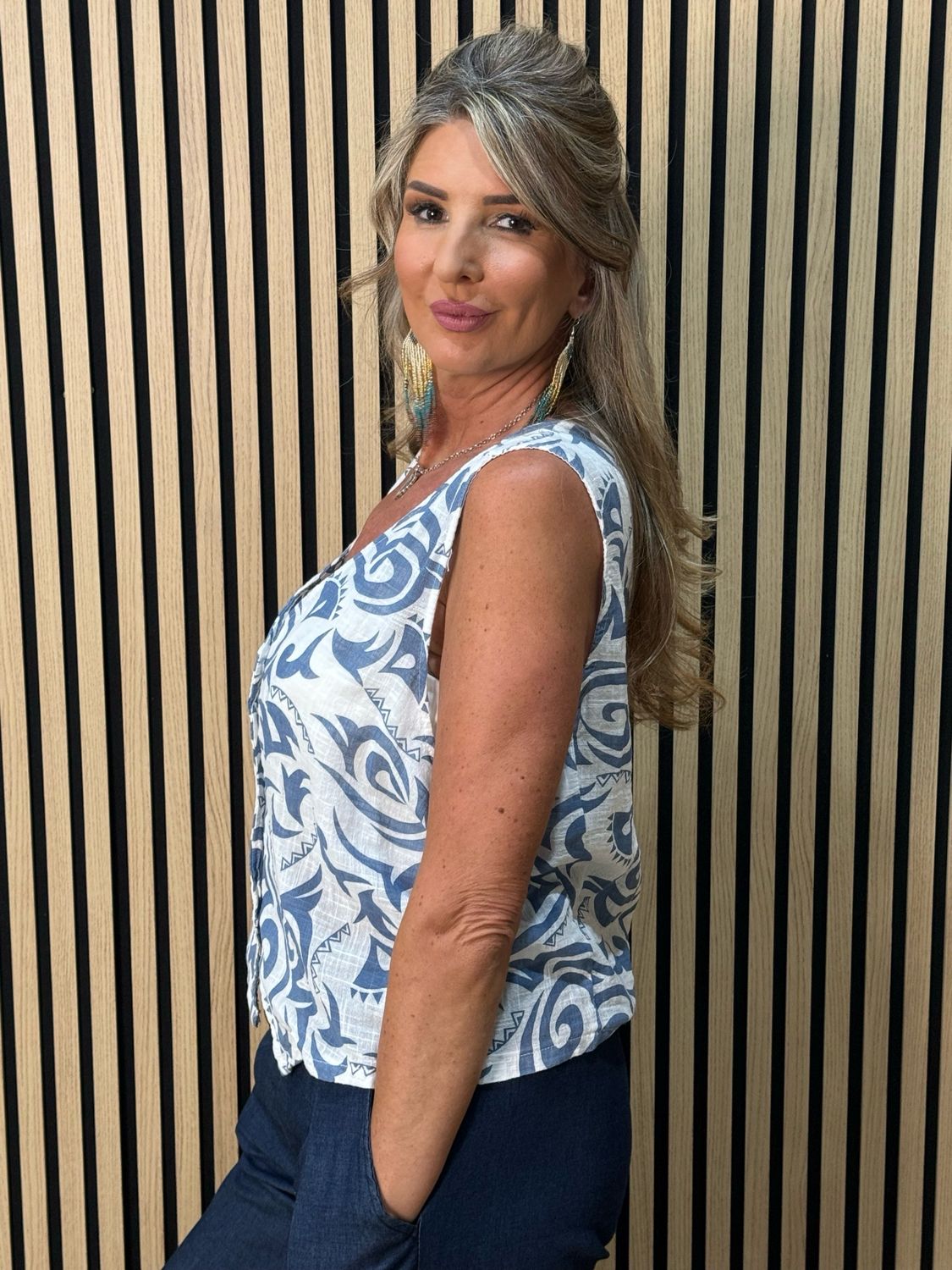 Tribal Print Button Front Top - White/Blue