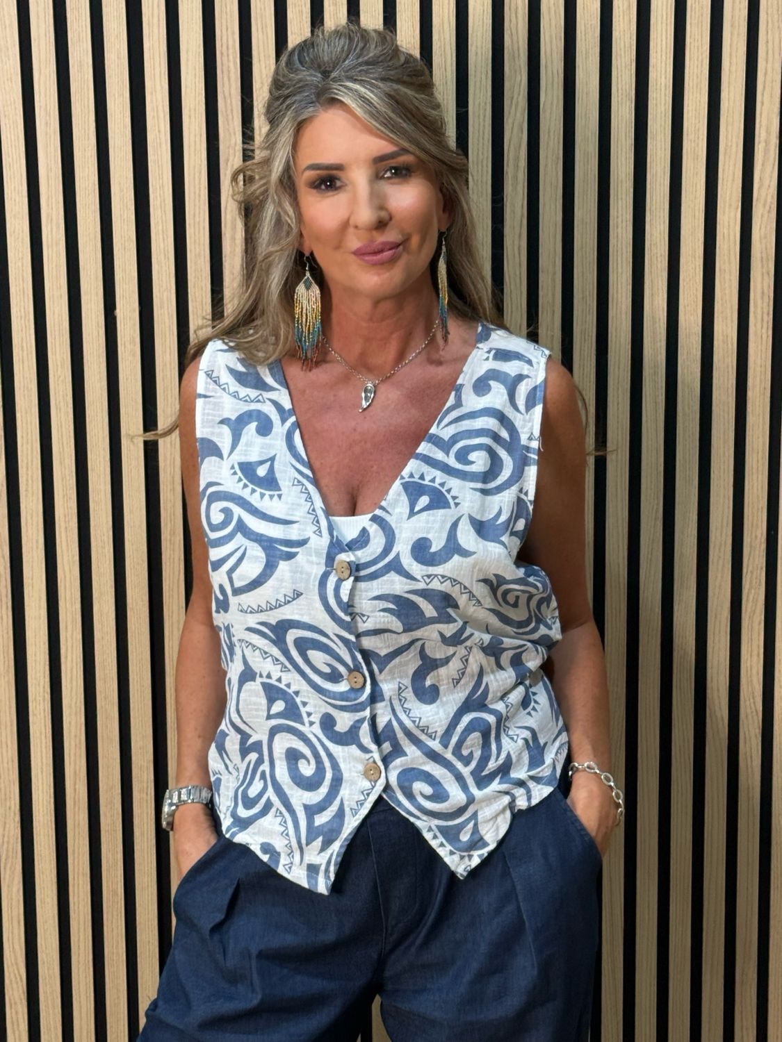 Tribal Print Button Front Top - White/Blue