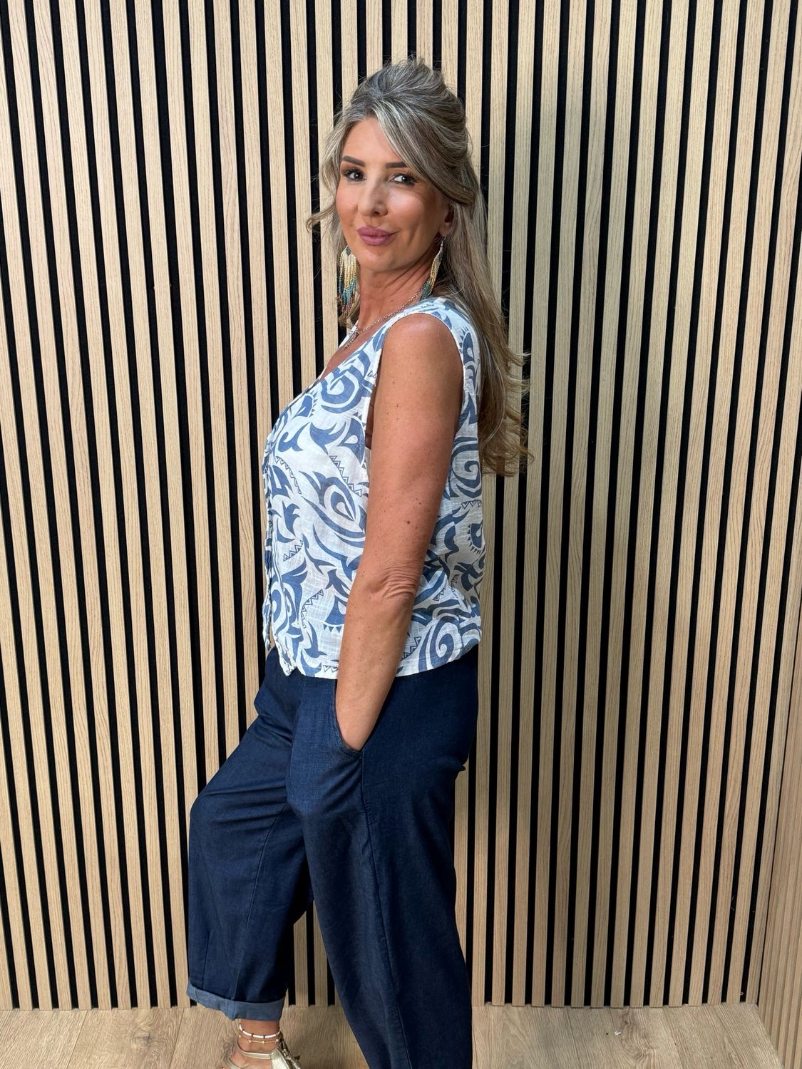 Tribal Print Button Front Top - White/Blue